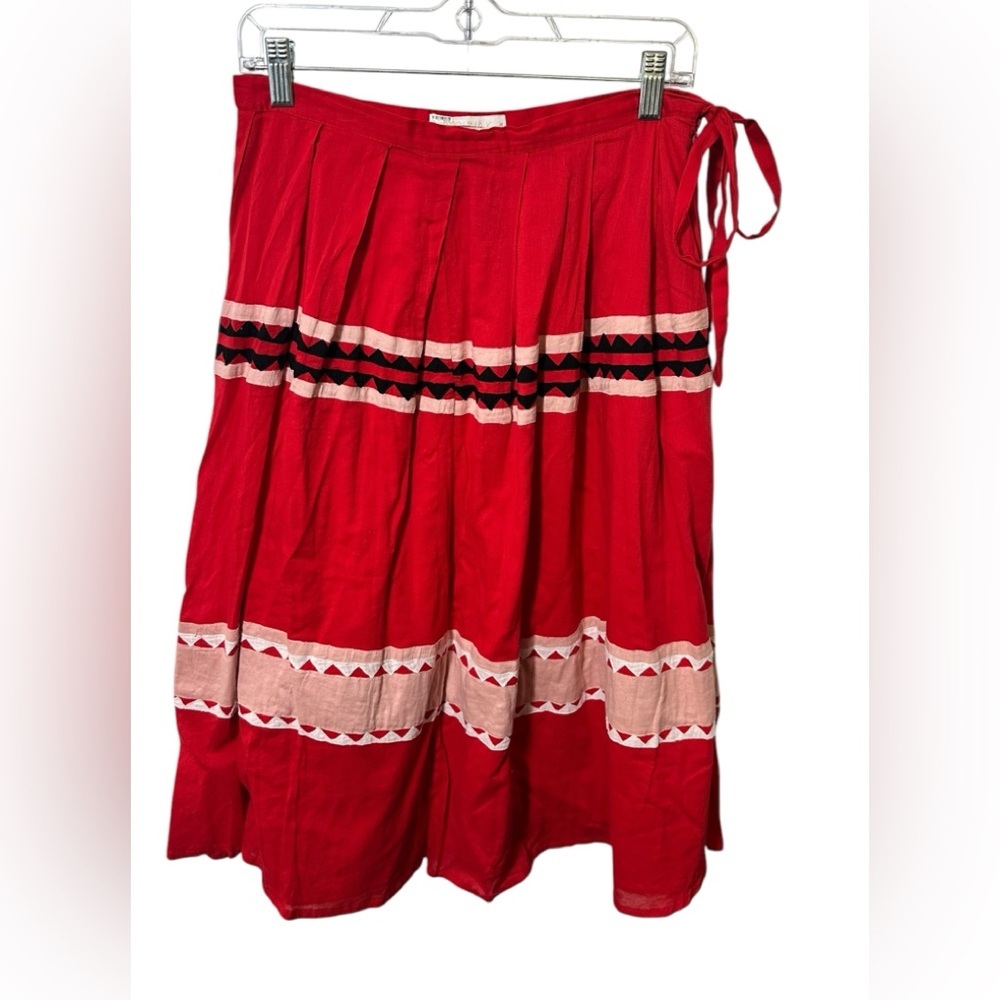 Carolina K Red Geometric Applique Wrap Midi Skirt Womens Size Medium Boho Folk